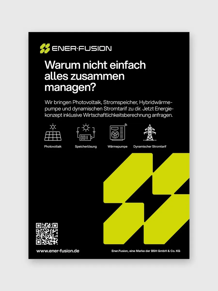 Anzeige auf Schwarz mit derselben Frage und Icons, die Bildmarke groß in Ener Green im Anschnitt.