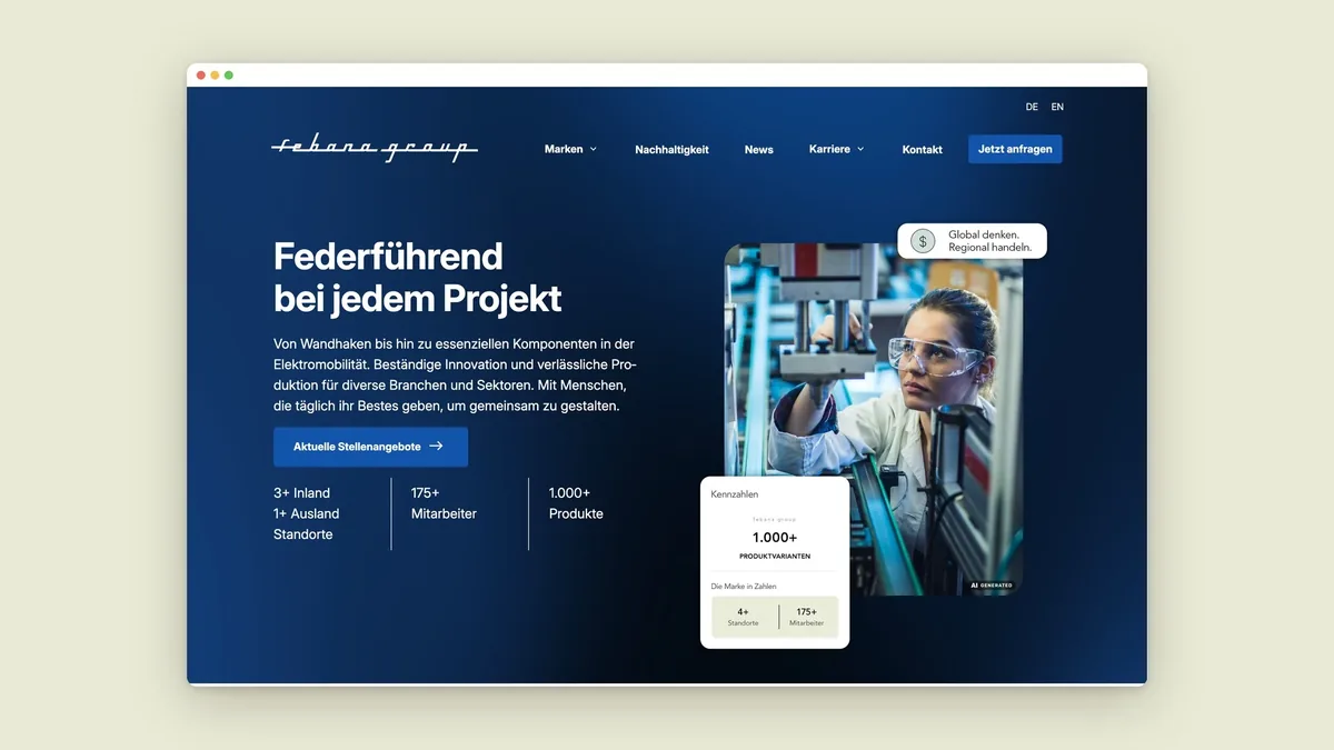 Startseite von febana.group im Browserfenster: Federführend bei jedem Projekt, Foto einer Mitarbeiterin mit Kennzahlenkarte