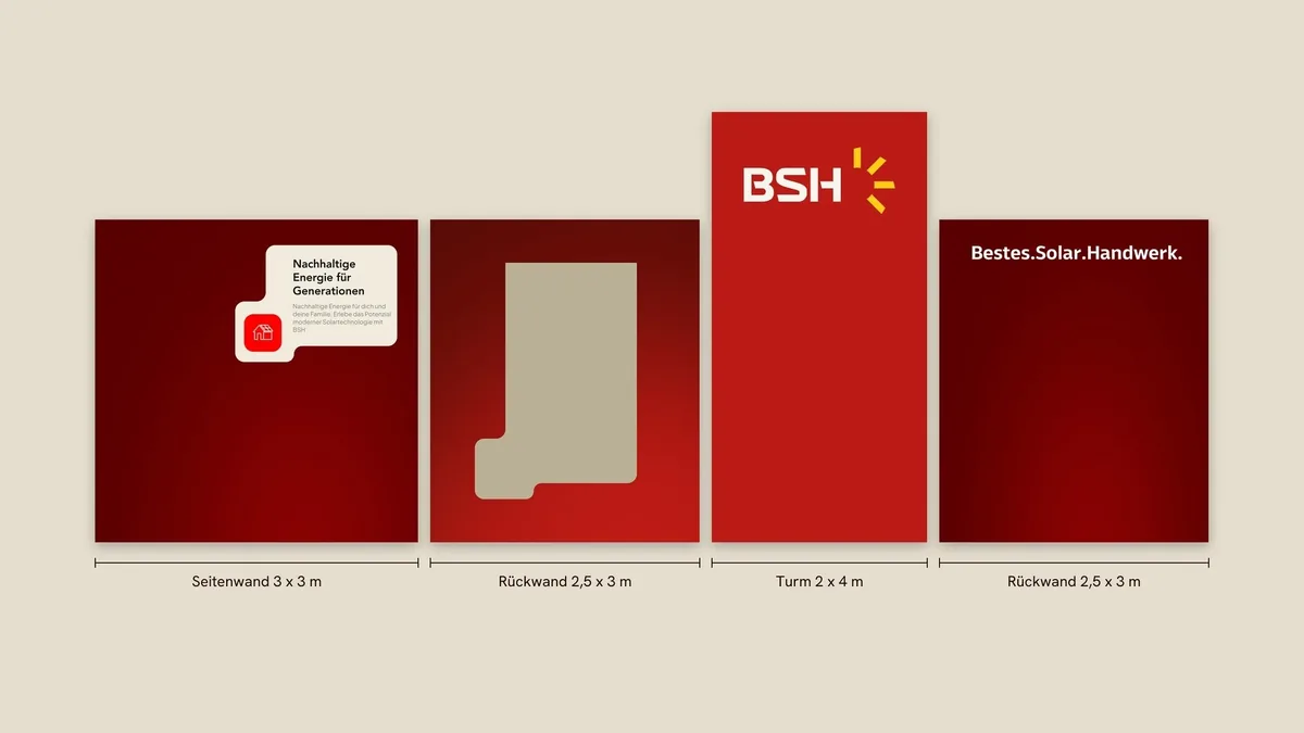 Wandabwicklung des Messestands 2025 im Maßstab: Seitenwand 3 x 3 m, Rückwand 2,5 x 3 m, Turm 2 x 4 m mit Logo, Rückwand 2,5 x 3 m mit Claim