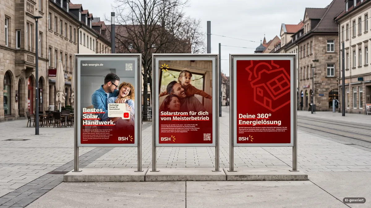 Drei Citylights der Kampagne in einer Fußgängerzone, KI-Mockup
