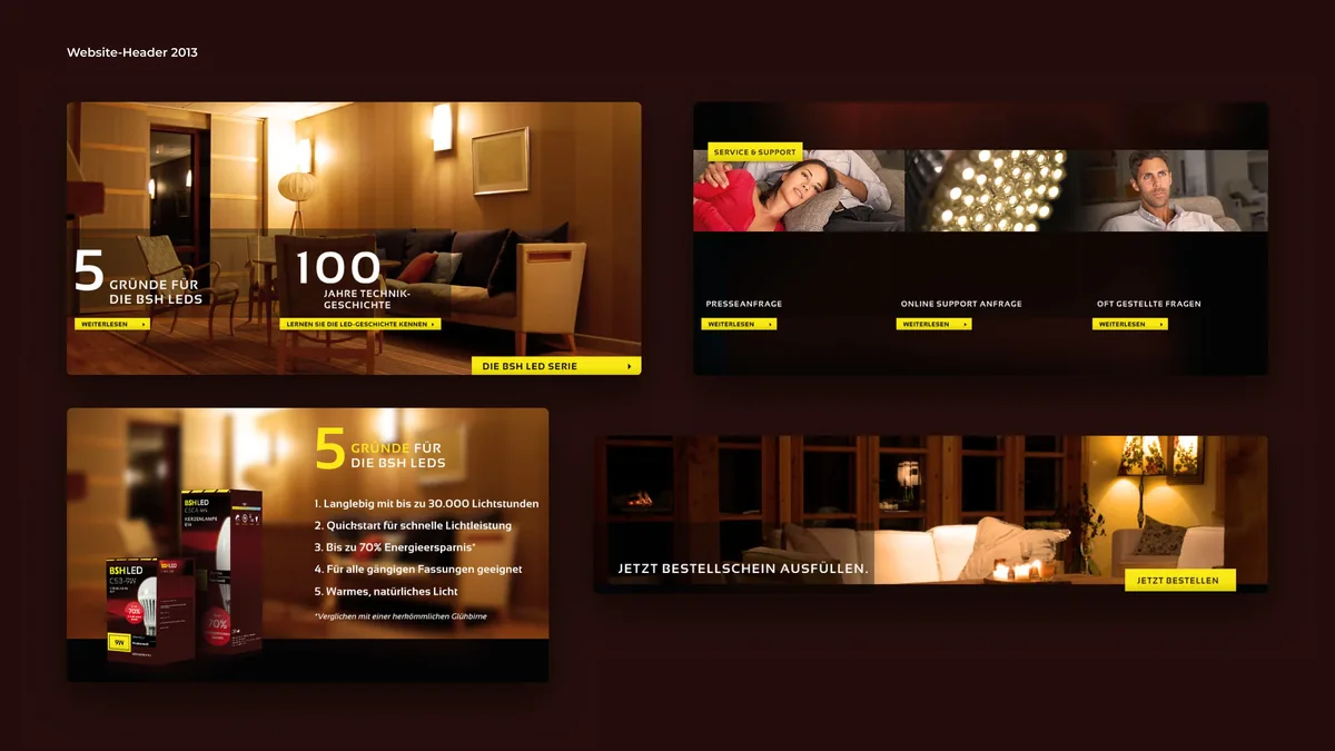 Website-Header von BSH LED aus 2013: 5 Gründe, Service und Support, Bestellschein