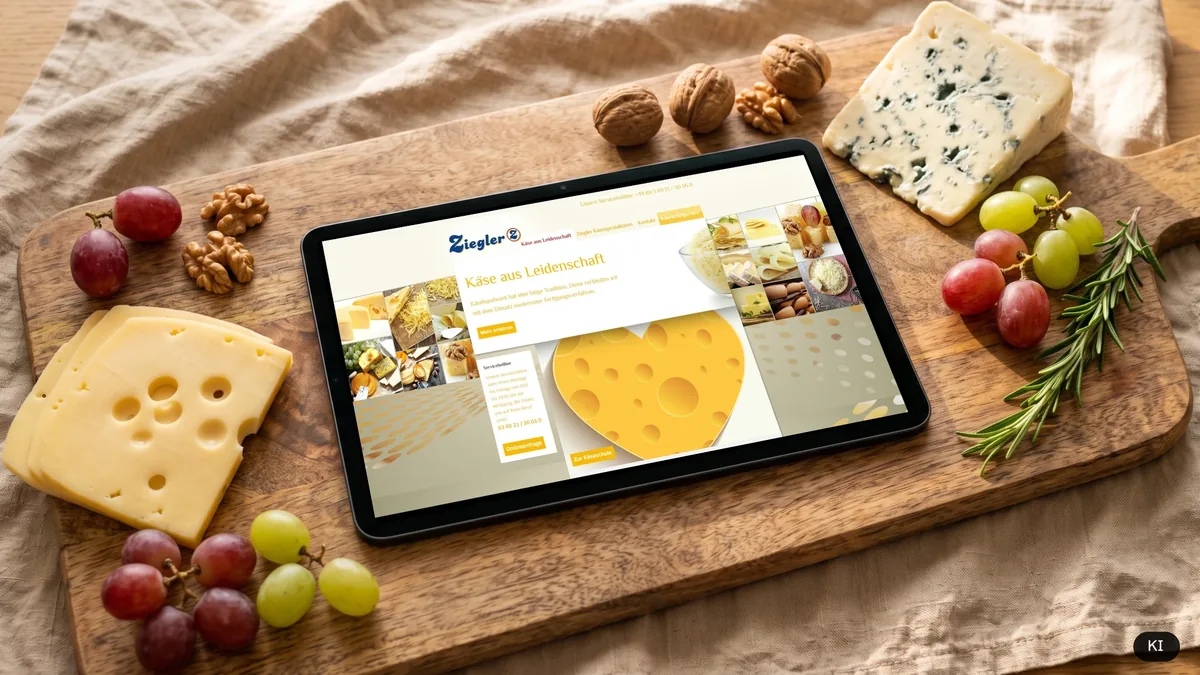 KI-Visualisierung: Tablet auf einem Käsebrett mit Emmentaler, Blauschimmelkäse, Trauben und Walnüssen, darauf die echte Seite Käse aus Leidenschaft