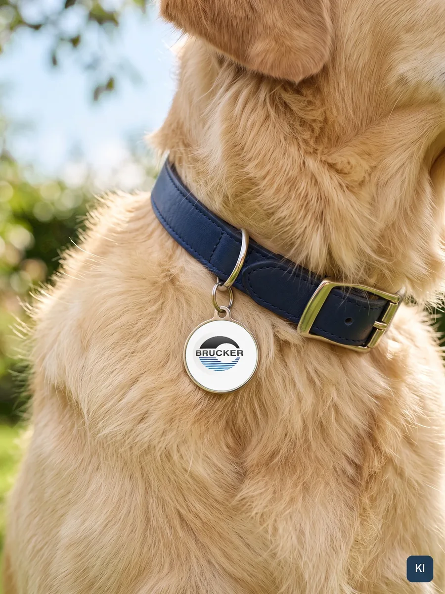 KI-Szene: Hundemarke mit BRUCKER-Plakette am Halsband eines Retrievers, Look and Feel