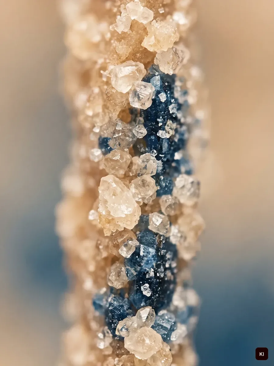 Makroaufnahme von Salzkristallen in Sand und Blau, KI-Bild