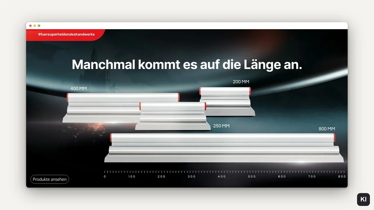 Store-Banner von STEINBURG im Browserfenster auf Sand: Manchmal kommt es auf die Länge an, Spachtel von 200 bis 800 mm mit Maßstab