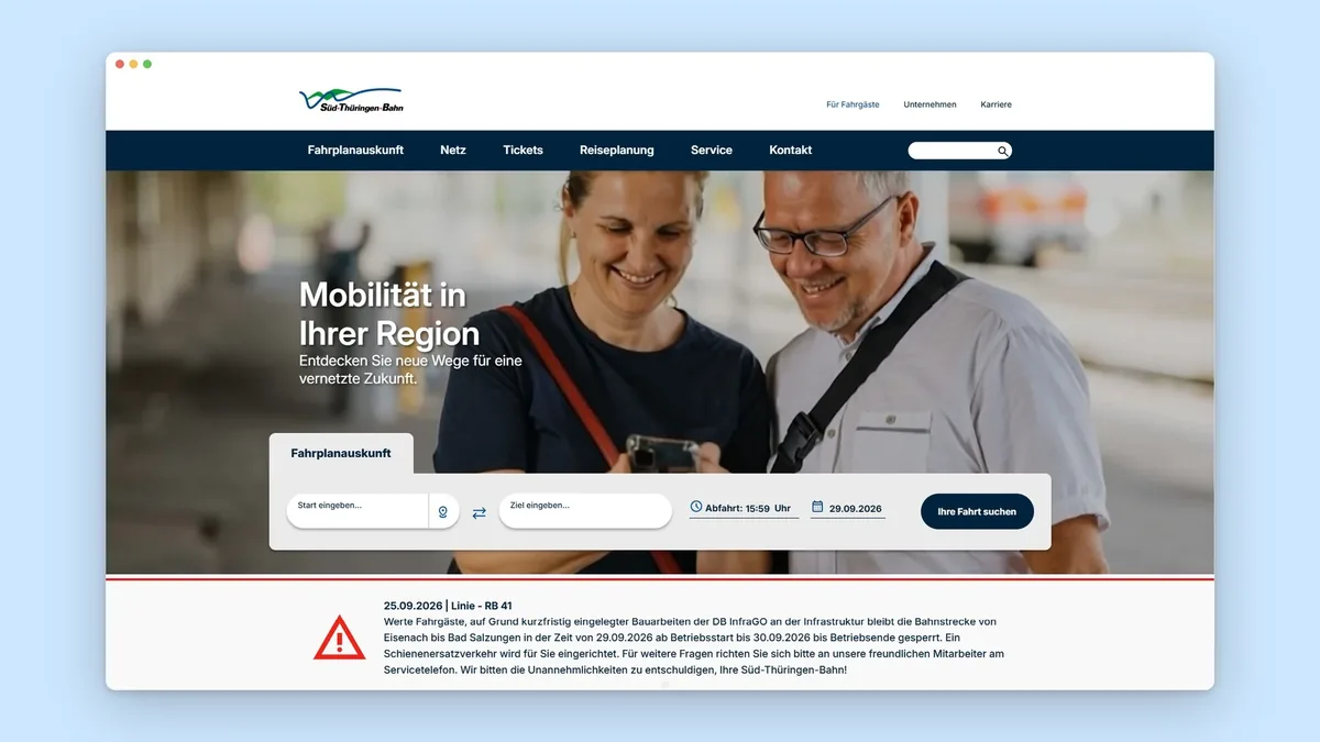 Startseite des Fahrgastbereichs mit Fahrplanauskunft im Browserfenster