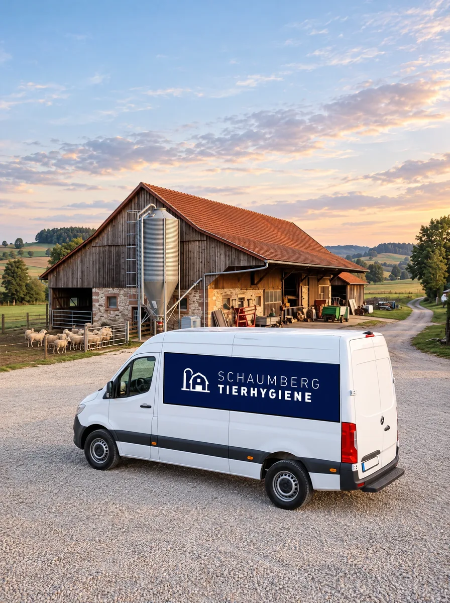 Servicefahrzeug mit Logo Schaumberg Tierhygiene auf einem Hof (KI-Szene, gekennzeichnet)
