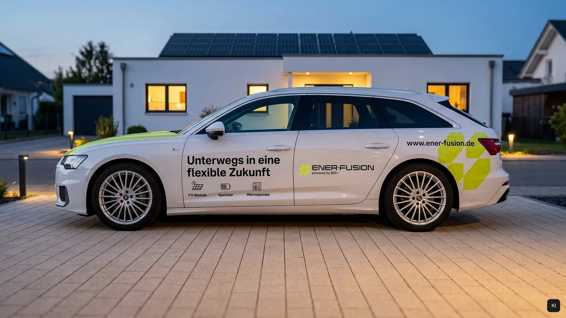 Weißer Audi A6 Avant mit ENER·FUSION-Beschriftung und der Zeile »Unterwegs in eine flexible Zukunft« vor einem Haus mit Solardach in der Dämmerung. KI-unterstützte Visualisierung auf Basis der Beschriftungsentwürfe.