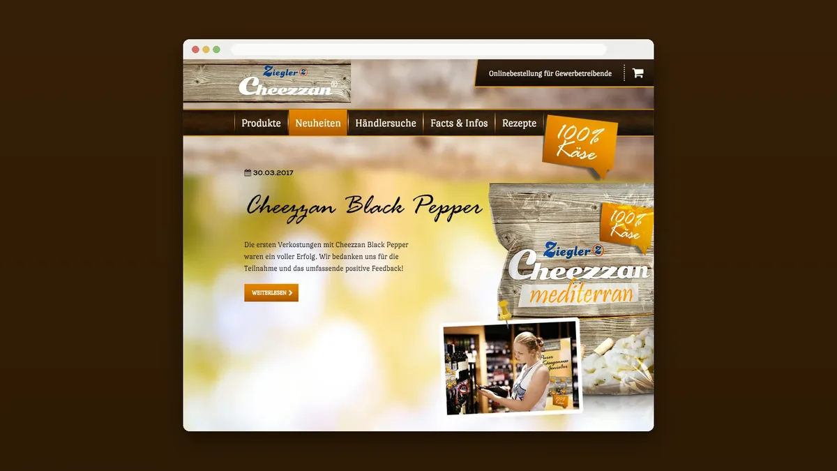 Neuheiten-Seite im Browserfenster auf Dunkelbraun: Meldung Cheezzan Black Pepper mit Beutel und Verkostungsfoto