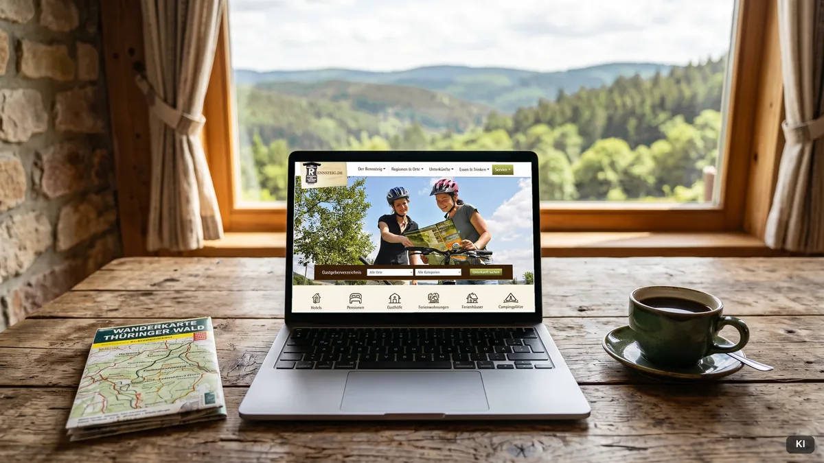 Laptop auf einem Holztisch vor einem Fenster mit Blick auf Waldhügel, auf dem Bildschirm die Seite Bücher und Karten von rennsteig.de (Szene KI-Visualisierung, Screen echt)