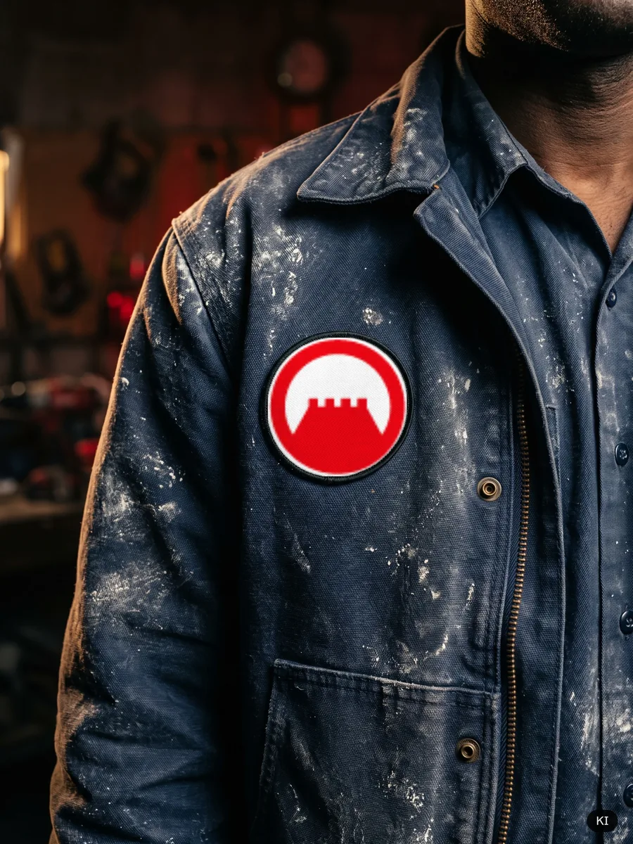Arbeitsjacke mit Zinnenring-Patch (KI-Szene, Bildmarke eingesetzt)
