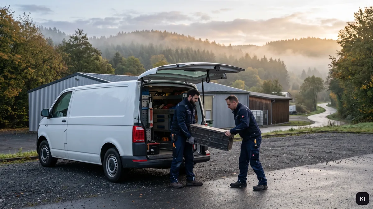 KI-Bild: zwei Monteure laden Werkzeugkisten aus einem weißen Transporter vor einer Halle
