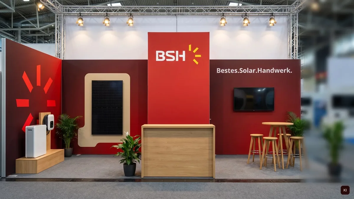 Visualisierung des BSH-Messestands 2025 frontal in einer Messehalle, roter Turm mit weißem Logo und gelben Sonnenstrahlen, Holztresen, Bildschirm, Stehtisch