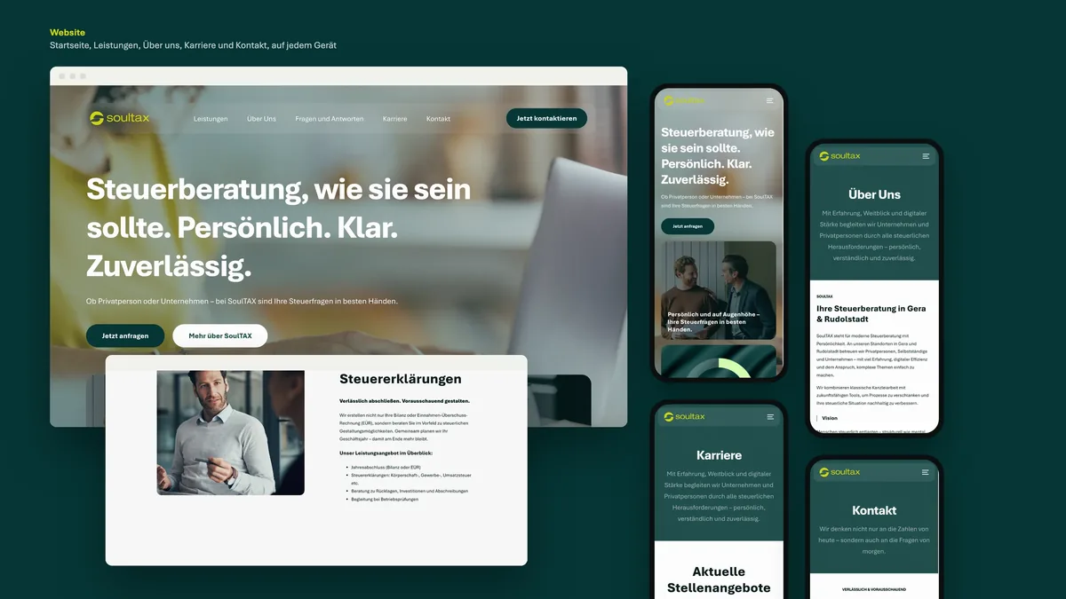 Website auf Desktop und vier Smartphones auf Petrol: Startseite, Über uns, Karriere, Kontakt und eine Leistungsseite