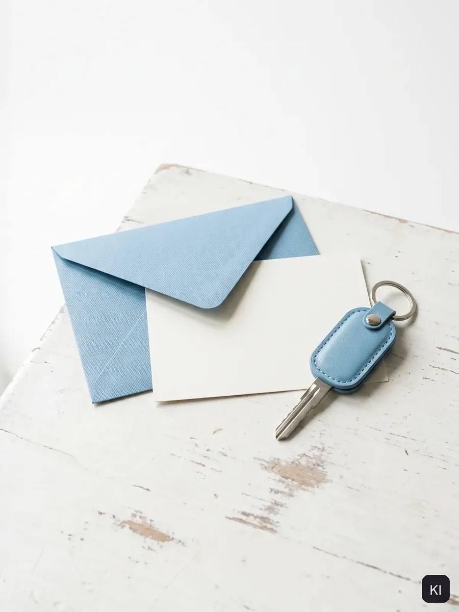 Blauer Umschlag mit Karte und Schlüsselanhänger auf einem weißen Holztisch (KI-Visualisierung)