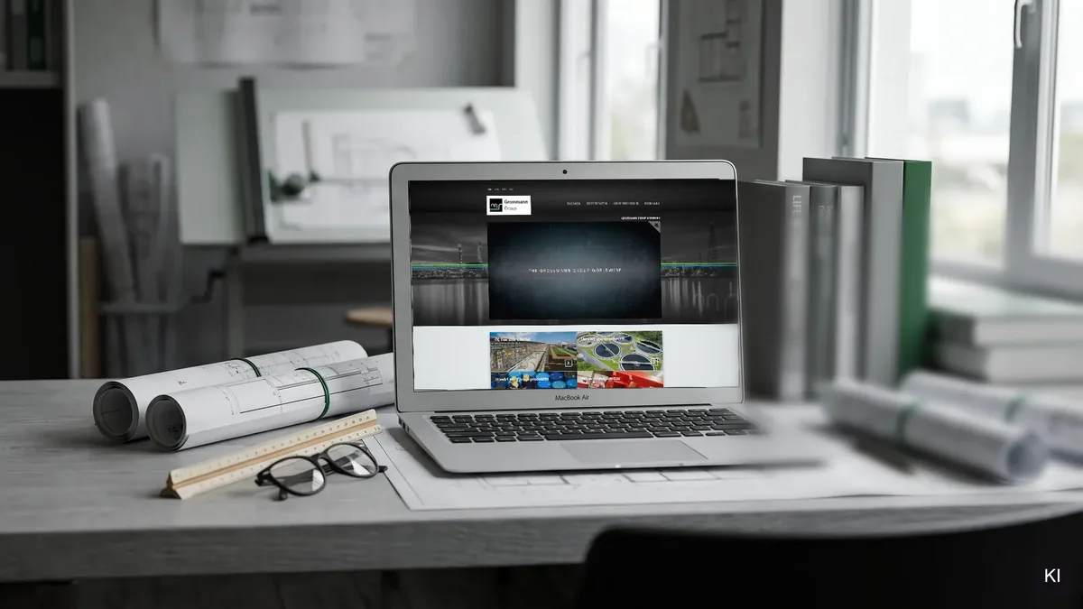 Laptop auf einem Arbeitstisch mit Planrollen, die Startseite der Grossmann Group auf dem Bildschirm (KI-Szene, echter Screen eingesetzt)