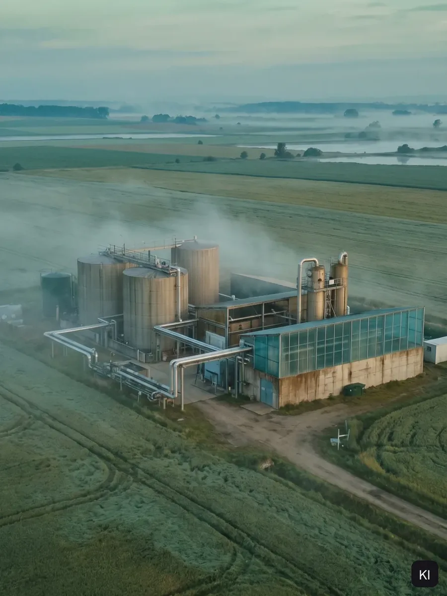 Luftbild einer Biogasanlage im Morgennebel (KI-Bild)