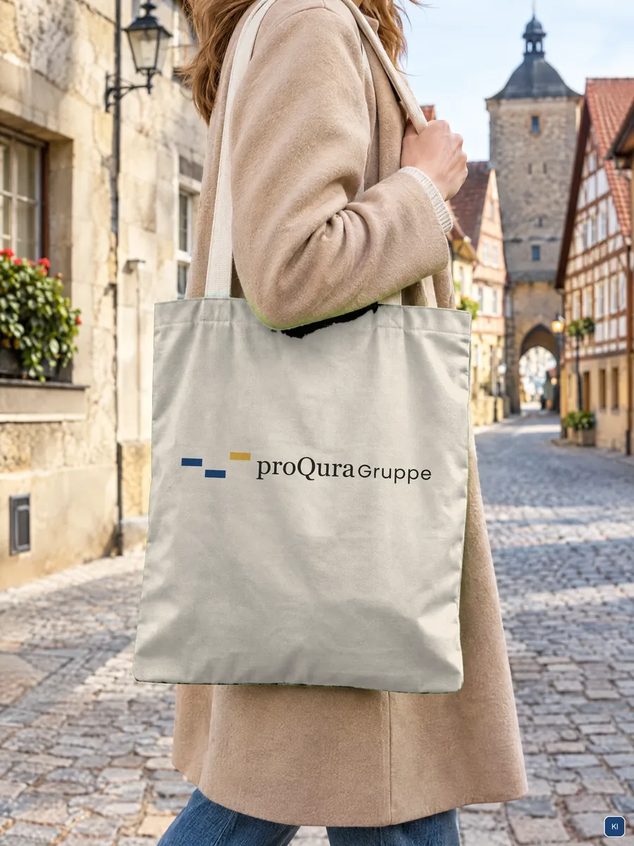 Stofftasche mit dem Logo der proQura Gruppe in einer Altstadtgasse. KI-Szene, Logo eingesetzt.