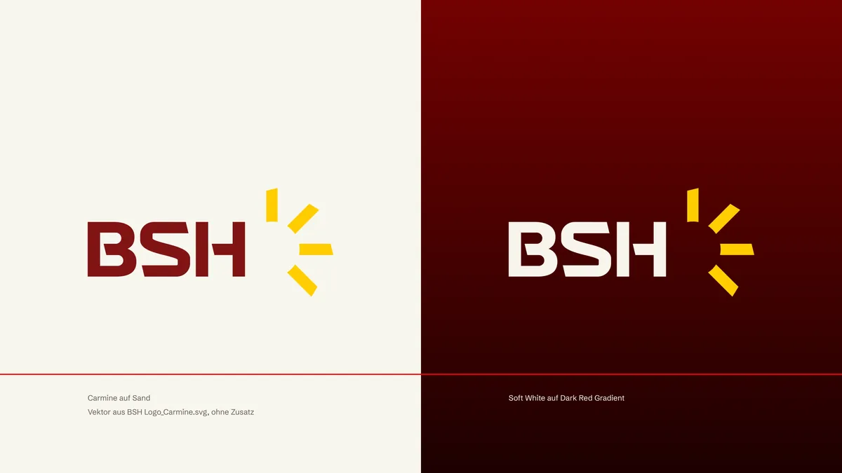 BSH-Logo in Karmin auf Sand und in Weiß auf dunklem Rotverlauf