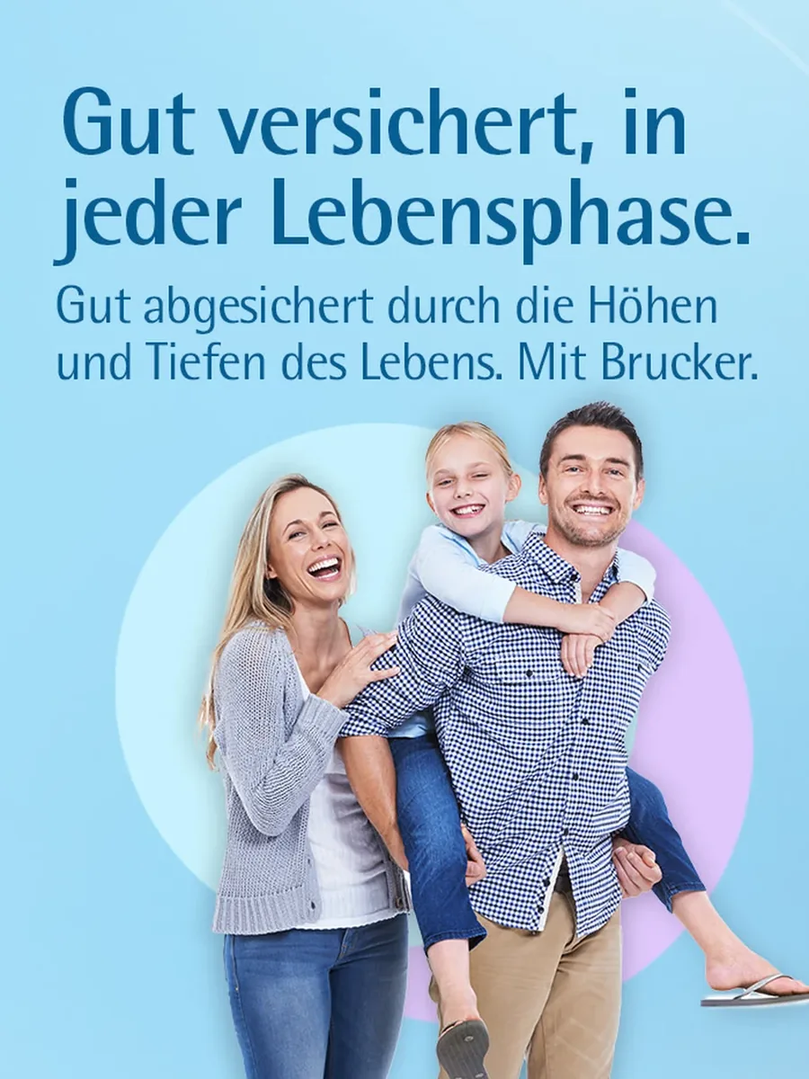 Mobil-Header Startseite: Familie vor Eisblau- und Flieder-Kreis, Headline Gut versichert, in jeder Lebensphase