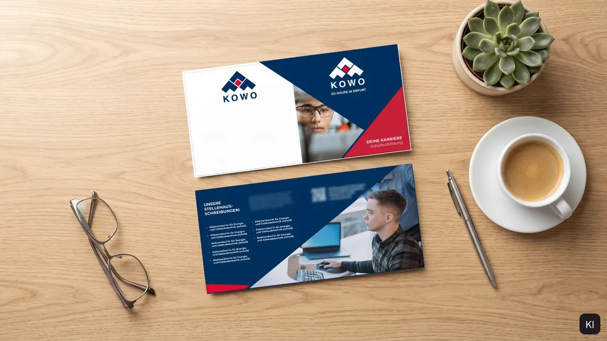 Der Karrierefolder als Außen- und Innenseite auf einem hellen Holztisch, daneben Kaffee, Stift, Brille und Pflanze (Szene KI-Visualisierung, Folder-Motive echt)