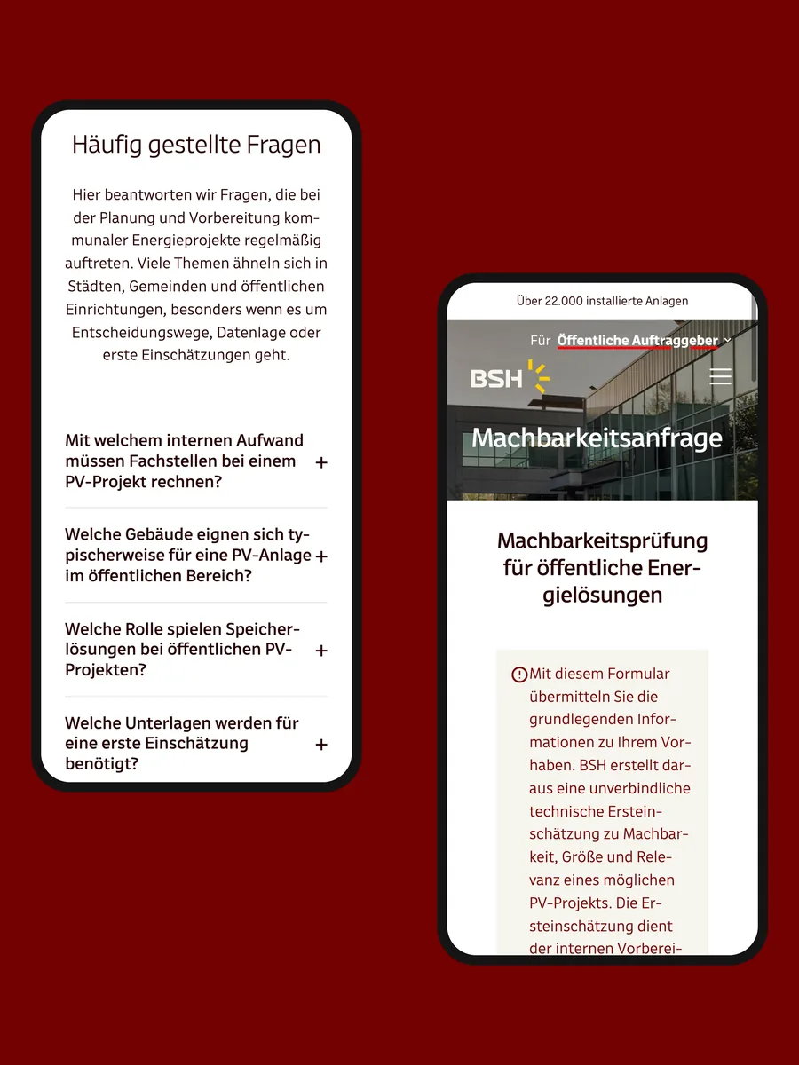 Zwei Smartphones auf Dunkelrot mit der Seite Häufig gestellte Fragen und dem Formular Machbarkeitsprüfung für öffentliche Energielösungen