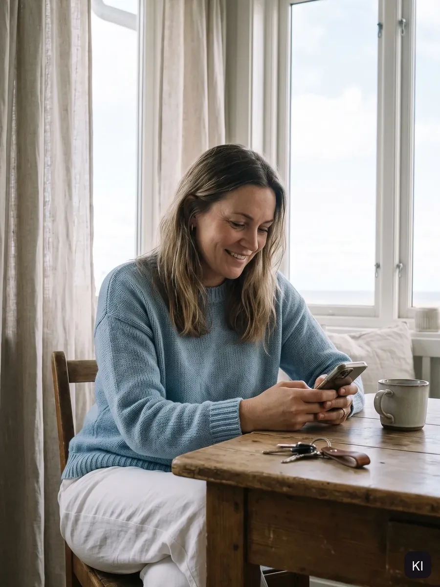 Frau in blauem Pullover liest an einem Holztisch am Fenster lächelnd auf ihrem Smartphone, neben ihr Schlüssel und Tasse (KI-Visualisierung)