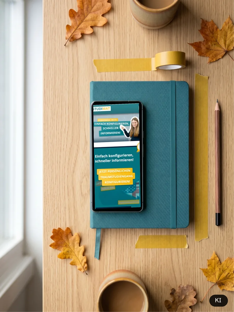 KI-Visualisierung: Smartphone auf petrolfarbenem Notizbuch mit gelbem Klebeband und Herbstlaub, darauf die echte Studimat-Startseite