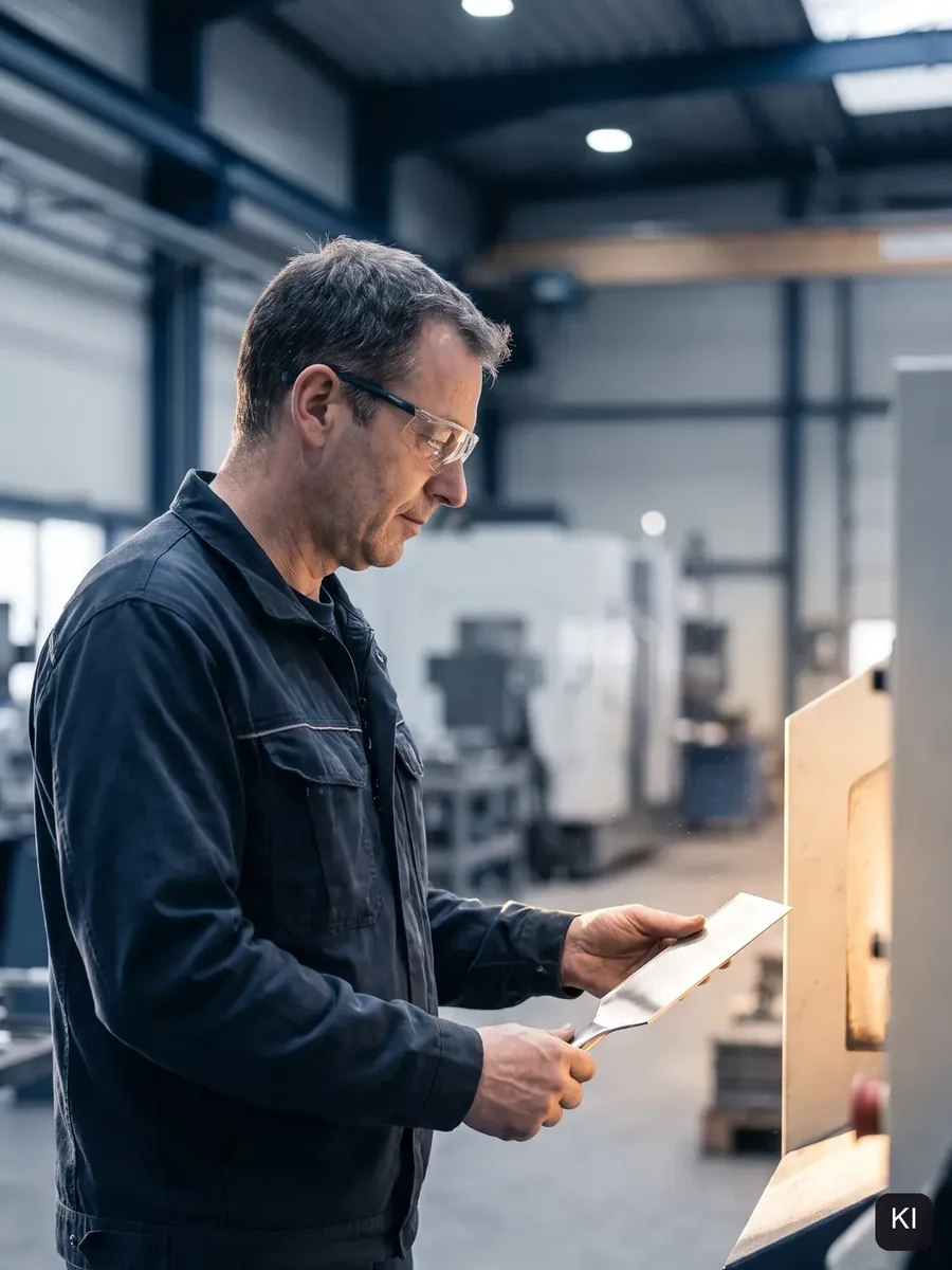 Mitarbeiter in Arbeitskleidung prüft in einer Fertigungshalle ein Werkstück (KI-Bild)