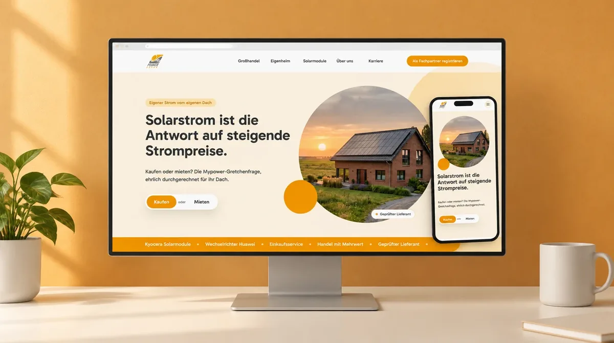 Desktop-Monitor mit der Website von My Power Solar und der mobilen Ansicht (KI-Bild)