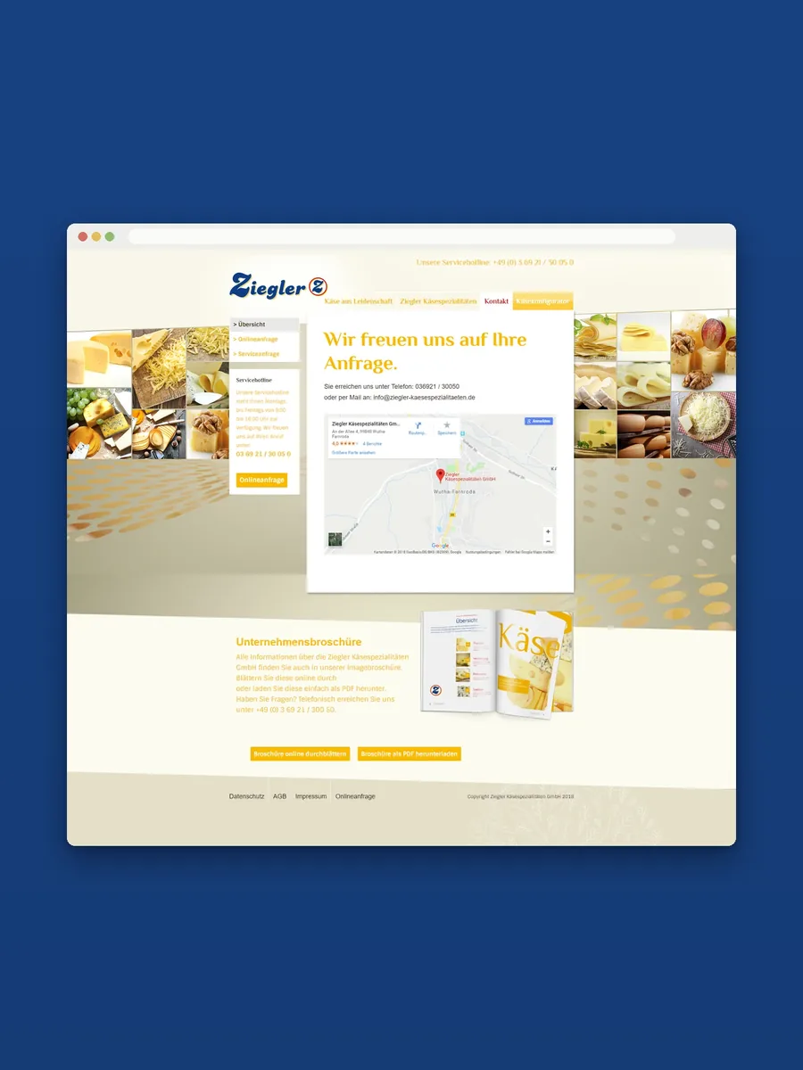Kontaktseite mit Karte und Anfrage im Browserfenster auf blauer Fläche