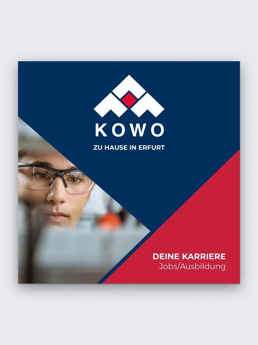 Titelfeld des Karrierefolders: Navy-Fläche mit KOWO-Logo und Zu Hause in Erfurt, Bildfenster mit Auszubildendem in Schutzbrille, rote Fläche mit Deine Karriere