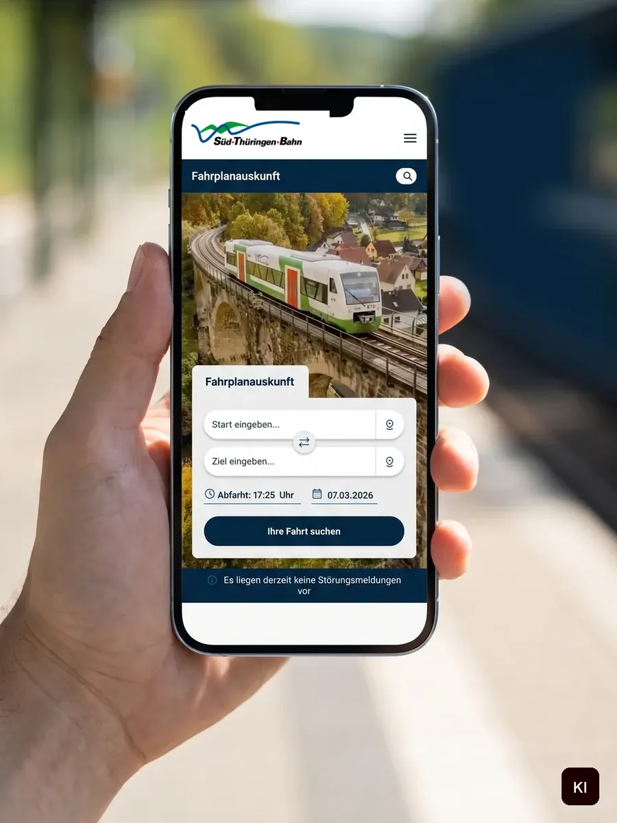 Hand mit Smartphone am Bahnsteig, mobile Fahrplanauskunft (KI-Szene, echter Screen)