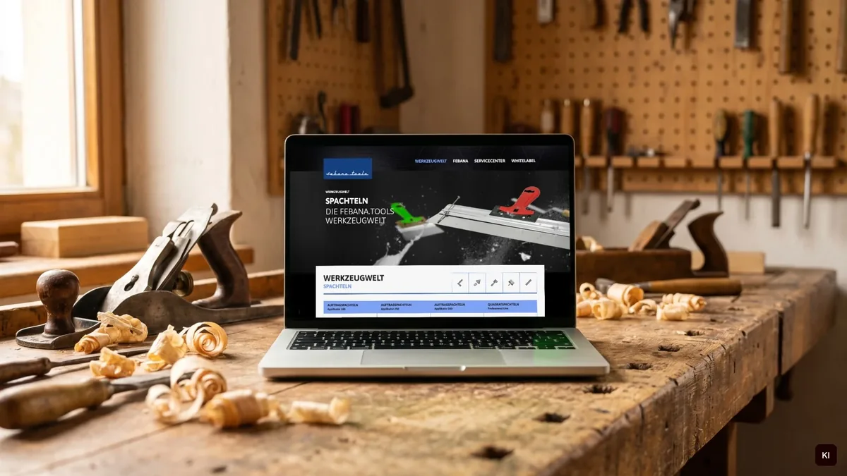 Laptop auf einer Werkbank zeigt die Werkzeugwelt von febana tools (KI-Szene, echter Screen eingesetzt)