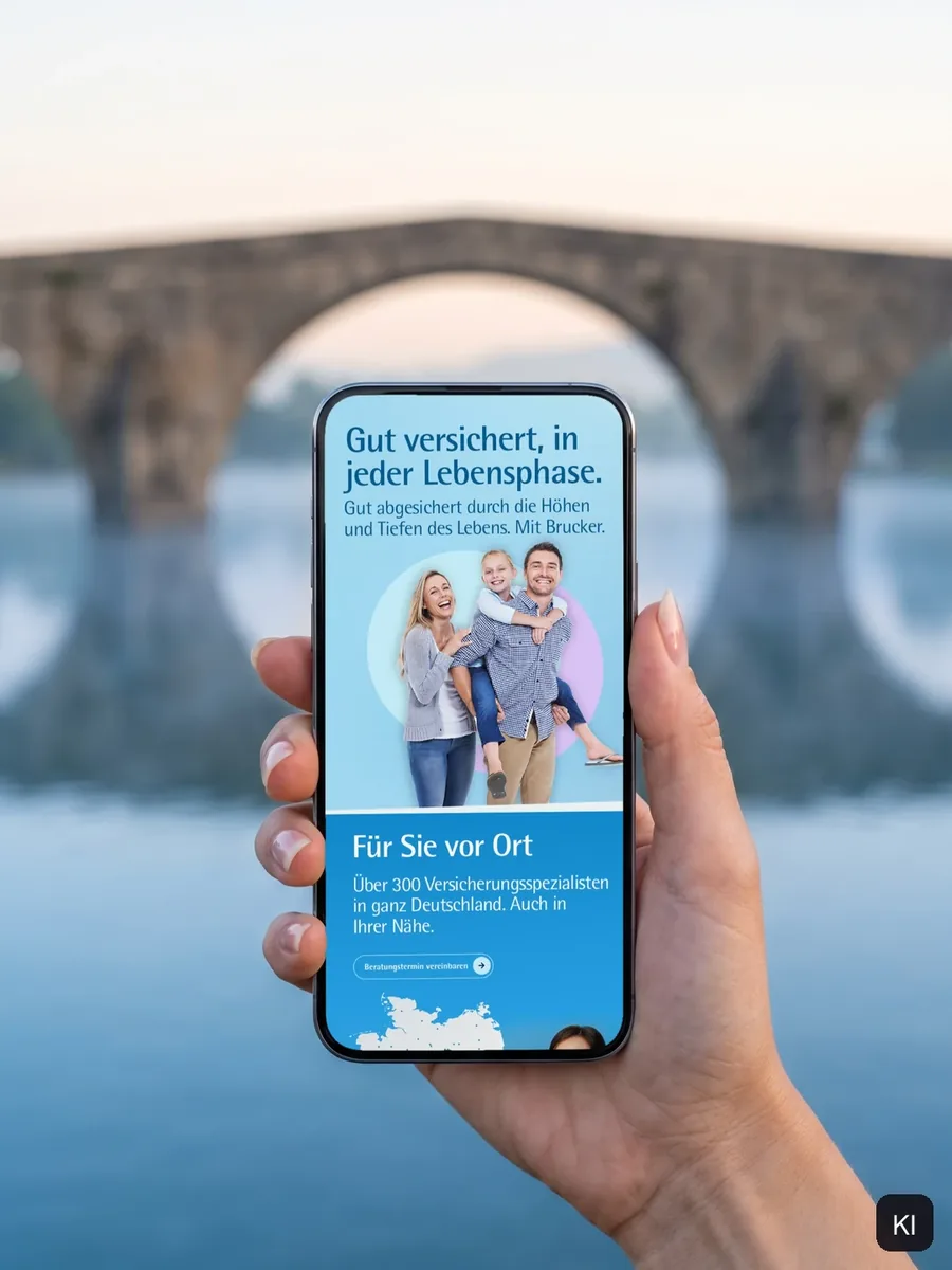 Hand hält ein Smartphone vor einer Steinbogenbrücke, auf dem Display die mobile Website, KI-Szene mit echtem Screen