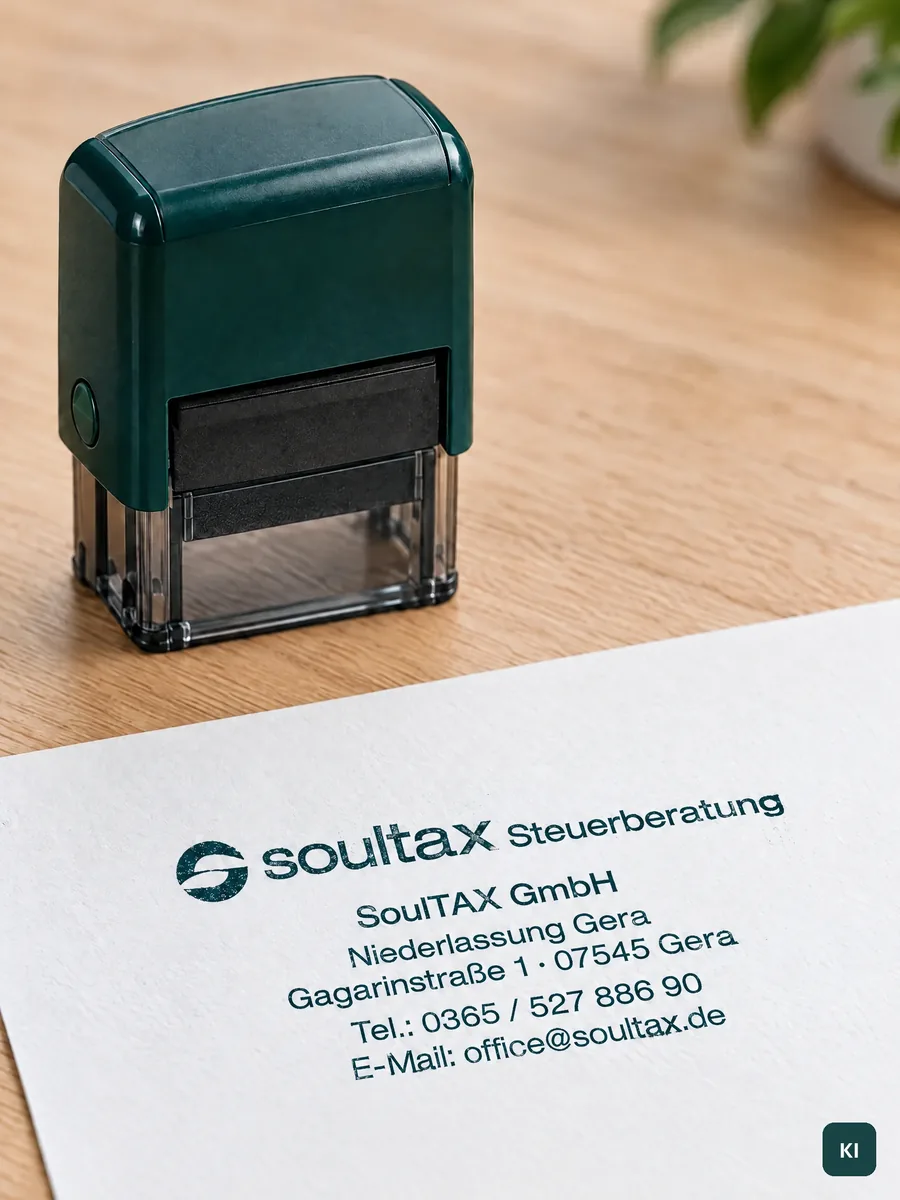 Stempel mit Petrol-Gehäuse auf Holztisch, davor der Abdruck des Stempels der Niederlassung Gera nach den Druckdaten (KI-Visualisierung)
