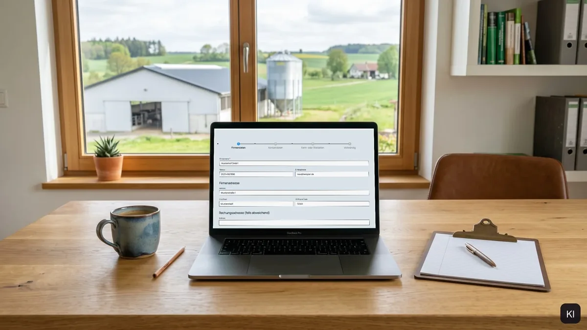 Laptop auf einem Holztisch vor einem Fenster mit Blick auf Stall und Silo, auf dem Bildschirm das Farmangaben-Formular der Neukundenregistrierung von stallrein.de mit Musterdaten (KI-Szene, Screen echt eingesetzt).