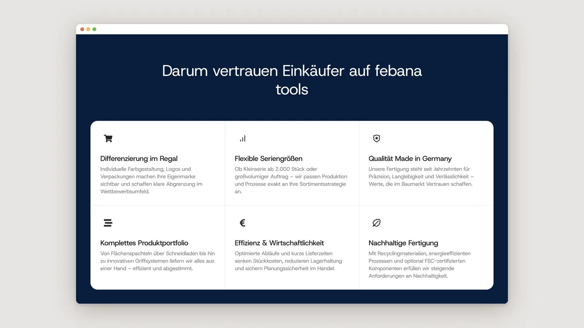 Abschnitt Darum vertrauen Einkäufer auf febana tools mit sechs Karten auf Navy
