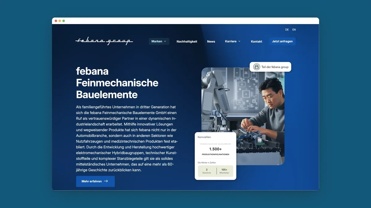 Markenseite febana Feinmechanische Bauelemente mit Hero-Bereich und Kennzahlenkarte