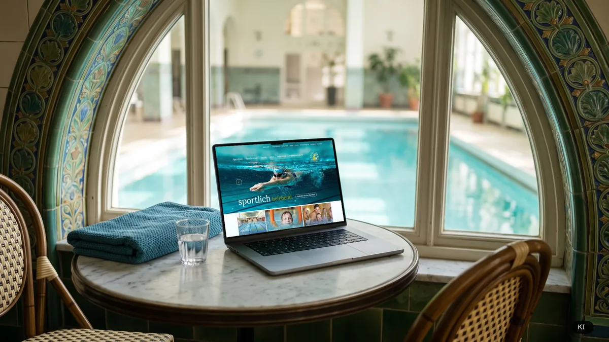 Laptop mit der Startseite des Stadtbad Gotha auf einem Marmortisch vor einem Jugendstilfenster zur Schwimmhalle (KI-Bild mit echtem Screen)