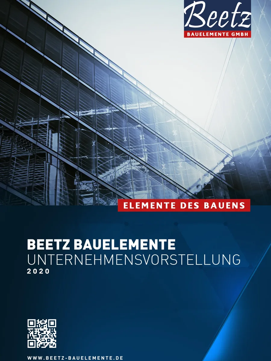 Imagebroschüre 2020 von BEETZ Bauelemente, Titelseite mit Glasfassade und dem Claim Elemente des Bauens