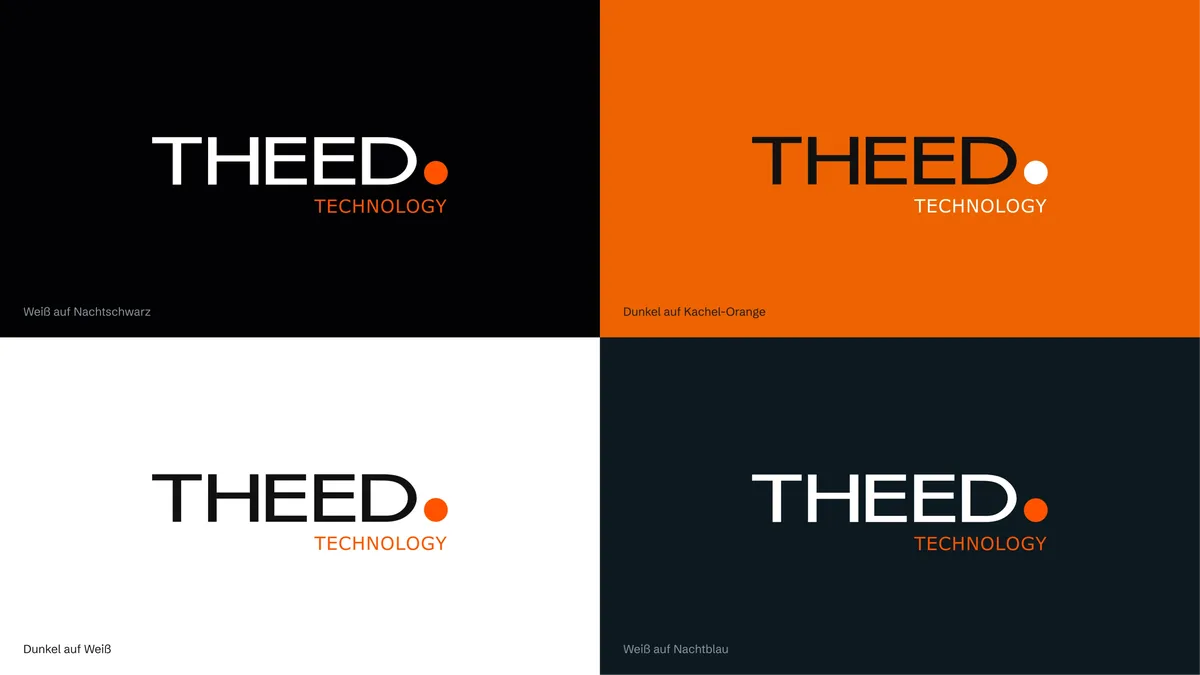Logo THEED Technology auf vier Markenflächen: Nachtschwarz, Kachel-Orange, Weiß, Nachtblau