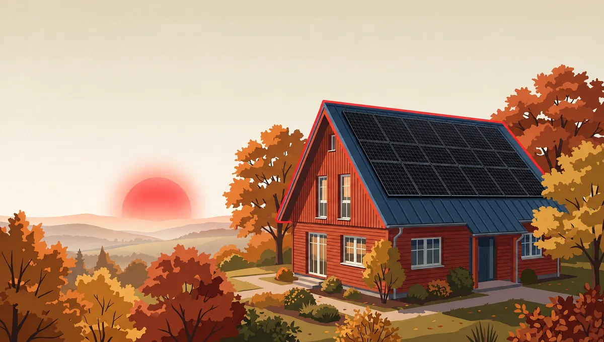 Keyvisual: illustriertes rotes Holzhaus mit Solaranlage im Herbst vor Hügeln und roter Sonne, ohne Logo und Schrift