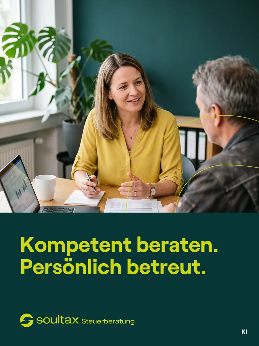 Anzeigenmotiv in Petrol: Beratungsgespräch, darunter Kompetent beraten. Persönlich betreut. und Logo (KI-Foto, Weiterbau)