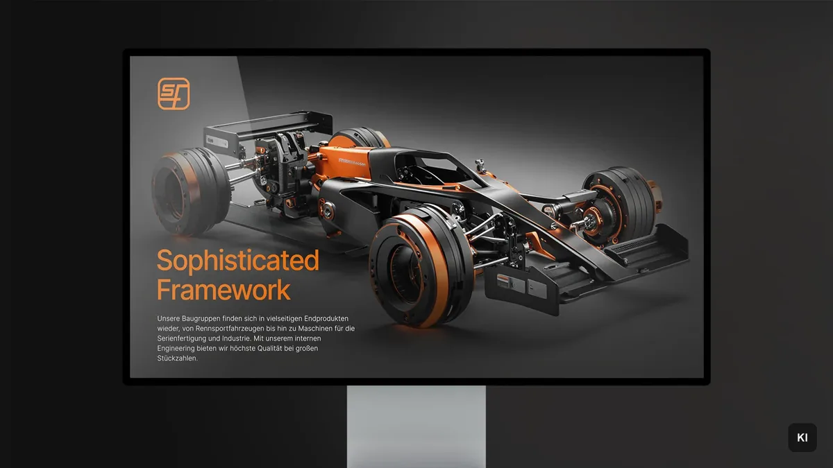 Monitor mit der Website-Folie Sophisticated Framework (KI-Bild auf dem Screen)