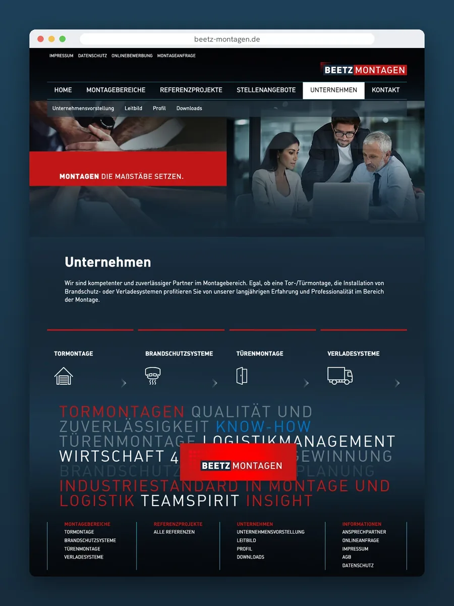 Website beetz-montagen.de, Seite Unternehmen mit Header und Einleitungstext