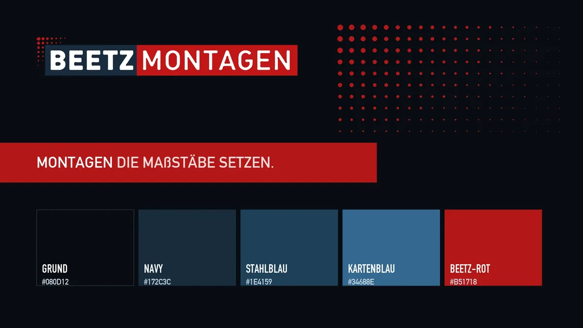 Markenwelt von BEETZ Montagen: Wortmarke, roter Balken mit dem Claim Montagen die Maßstäbe setzen und fünf gemessene Farben von Grund bis Beetz-Rot