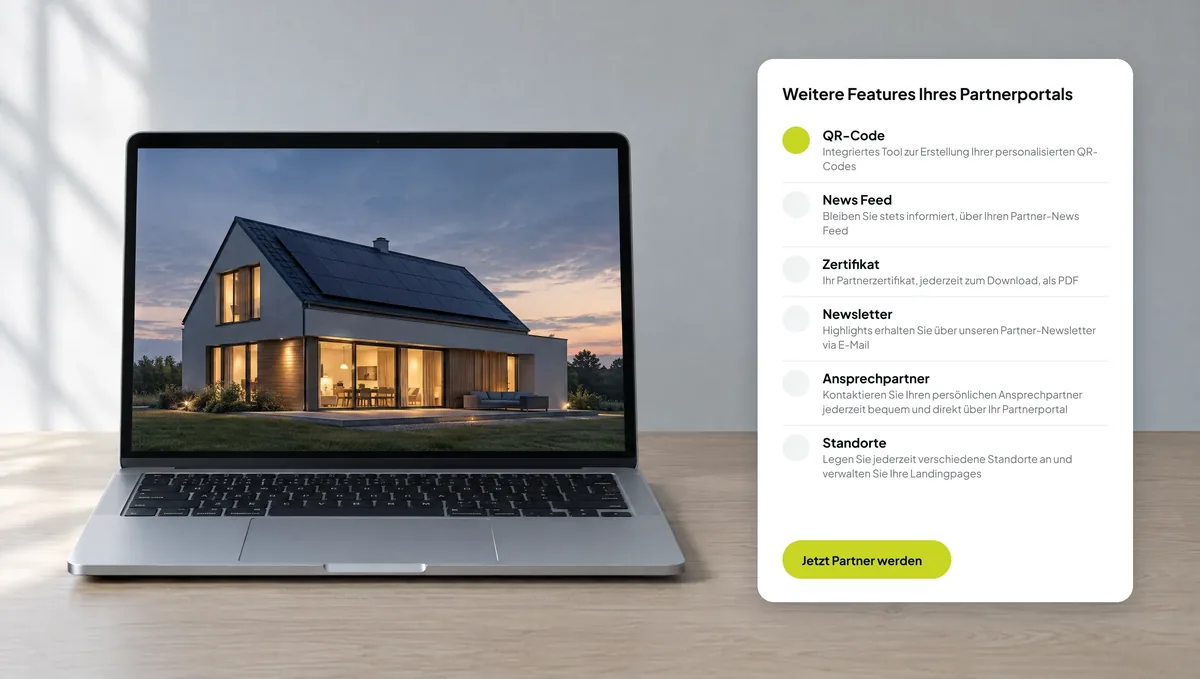 Partnerportal auf dem Laptop neben der Featureliste, ruhige Komposition