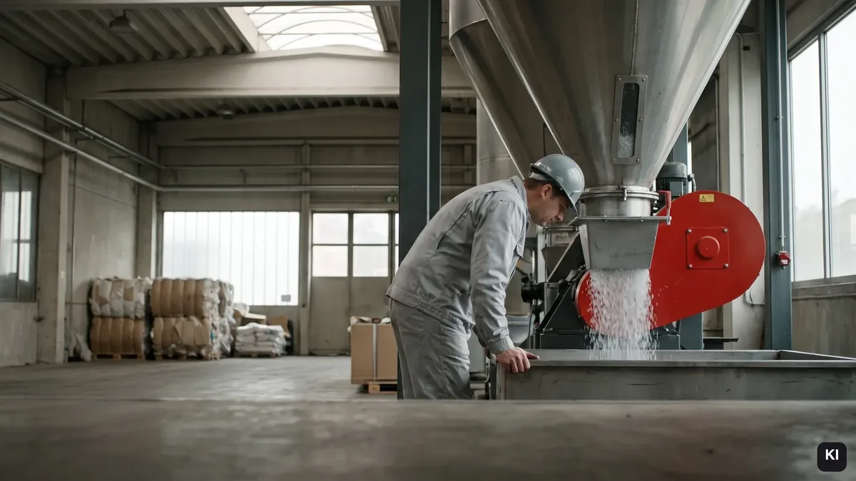 Mitarbeiter in Helm und grauer Arbeitskleidung am Trichter einer Recyclinganlage, Granulat fällt in eine Wanne (KI-Visualisierung)