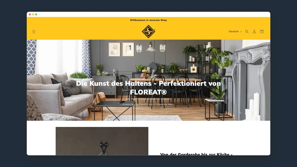 Startseite des FLOREAT-Shops im Browserfenster auf Marineblau